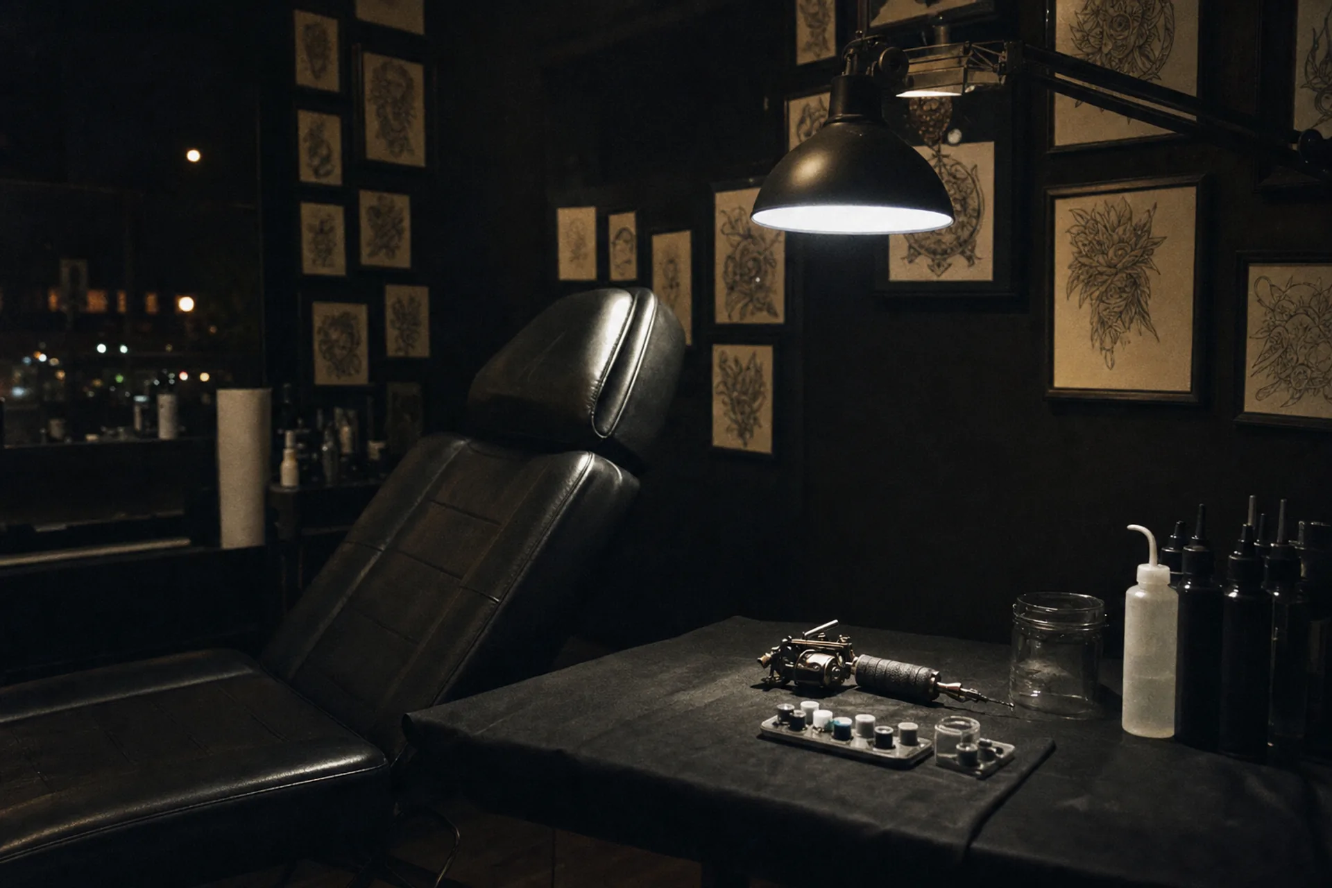 Studio de tatouage la nuit, un poste de travail éclairé, encres et machine posées sur un tissu noir.