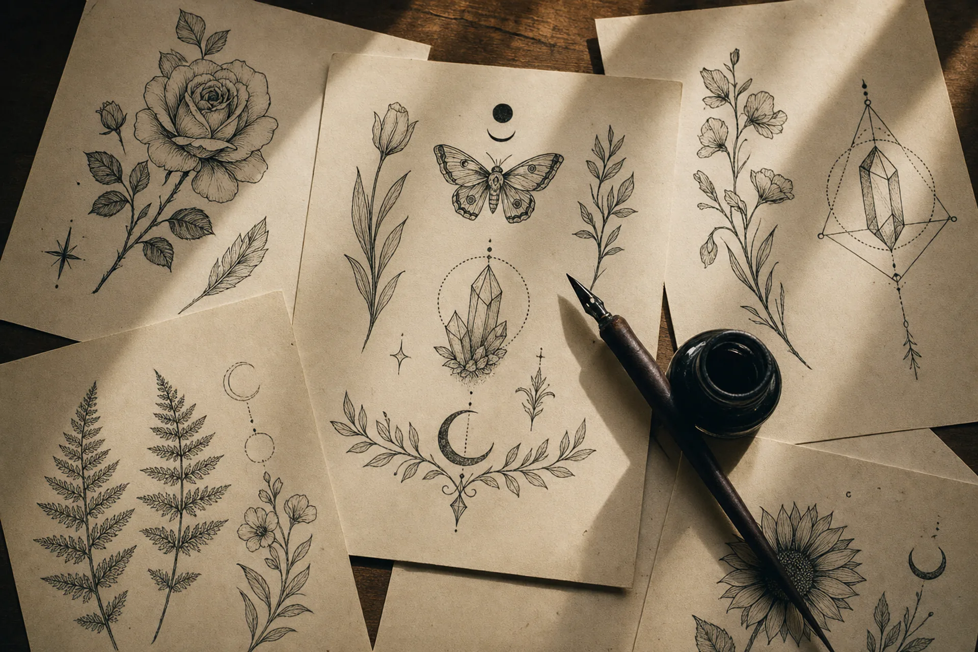 Planches de dessins au trait noir sur papier crème, plume et encrier.